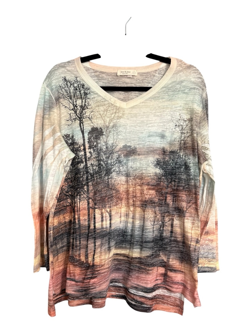 Jess & Jane Scenic Forest Print Burnout Knit Top Size Large Made in USA